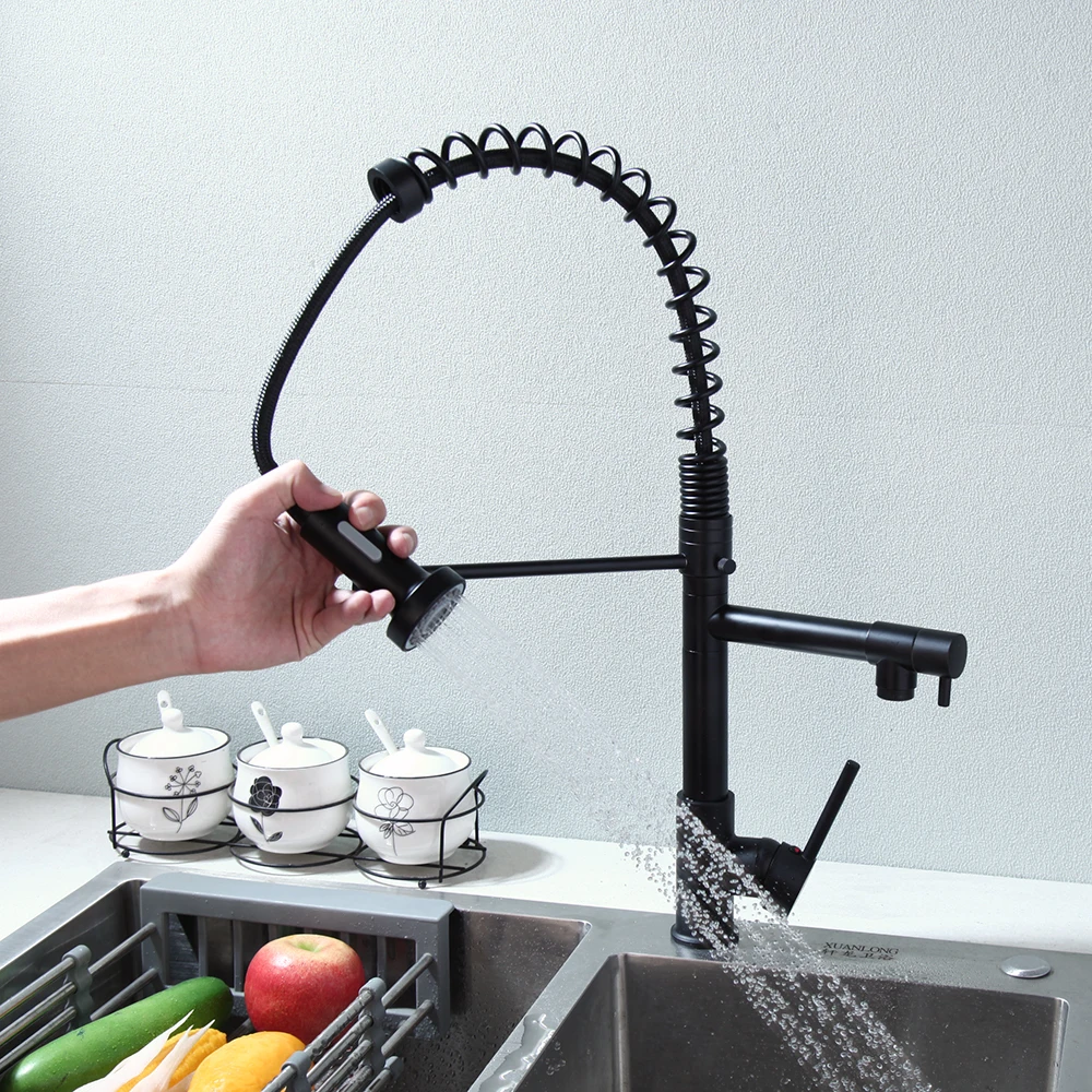 KEMAIDI Black Spring Pull Down Kitchen Sink Faucet Hot & Cold Water Mixer Crane Tap with Dual Spout Deck Mounted Faucets Taps