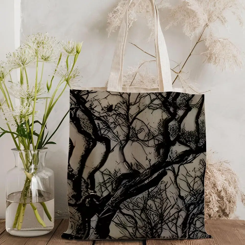 Bolsas de almacenamiento con diseño de ramas de árboles negros, bolso de mano con patrón, bolso de hombro de lona estético, bolso ligero para compras