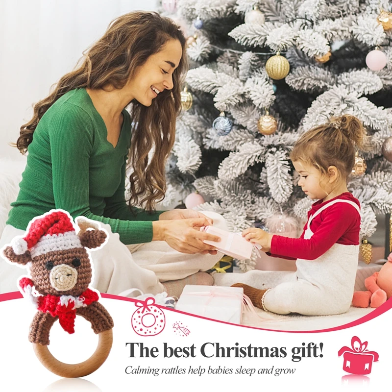 1 Stuk Kerst Baby Bijtring Muziek Rammelaars Voor Kinderen Dieren Gehaakt Rammelaar Olifant Giraffe Ring Houten Baby Gym Kinderspeelgoed