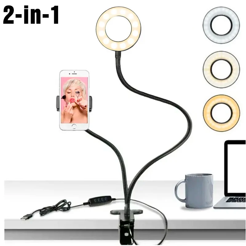 Universal Flexible Mobile Phone Holder with Selfie Ring Light Office Lazy Bracket Desk Lamp LED Light for Live Stream Fill light