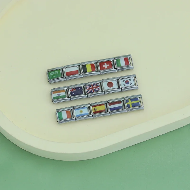 Hapiship 2024 New Women\'s Fashion World National Flag Italian Charm Beads Fit 9mm Bracelet Stainless Steel Making Jewelry TZ012