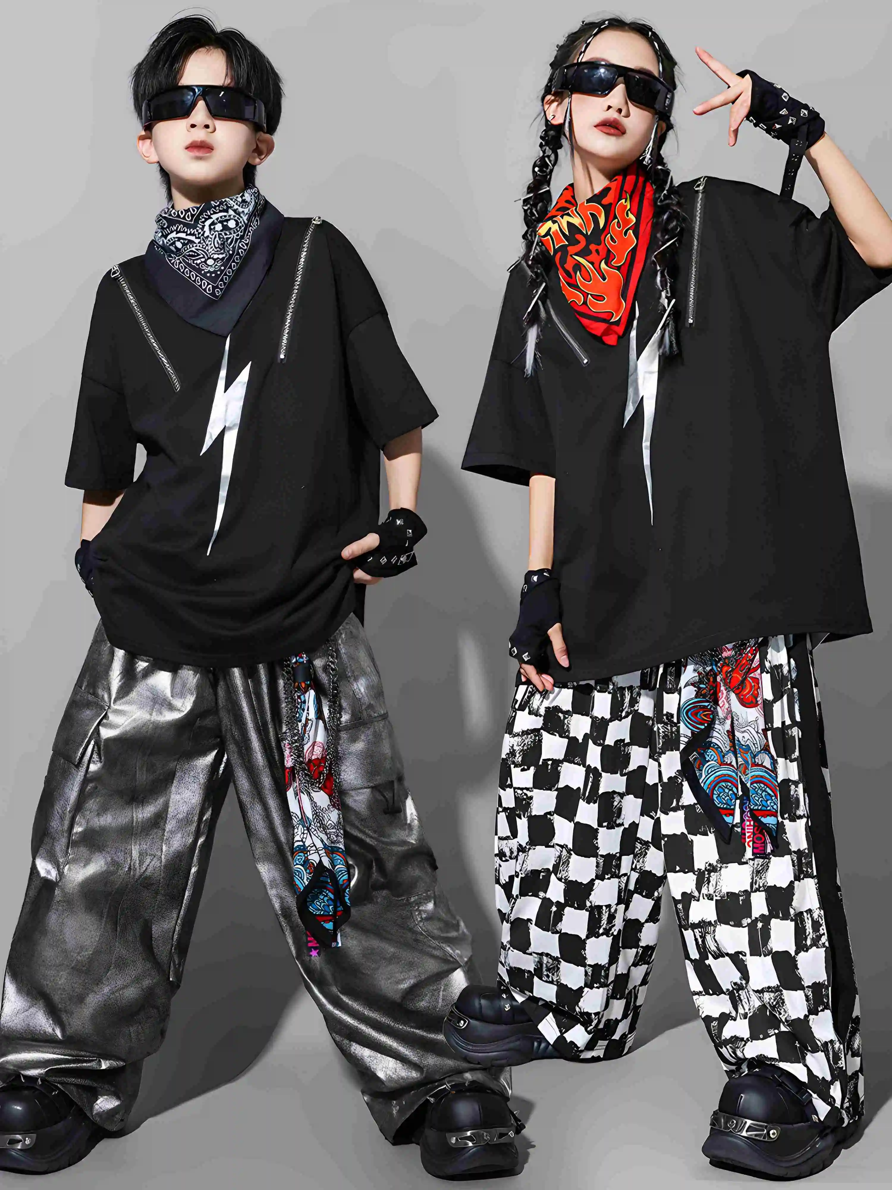 Bambini Ragazzi Hip Hop Maglietta nera Pantaloni a quadretti Baggy Maniche corte Chiusura Poppin Performance Costume Ragazze Jazz Outfit BL16434