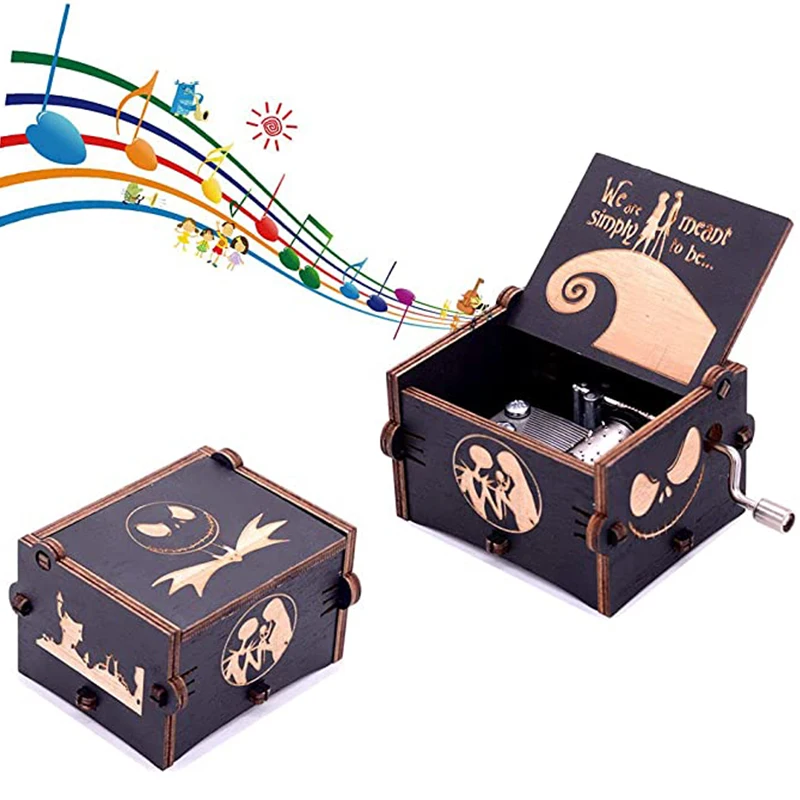 The Nightmare Before Christmas Music Box Vintage Laser Engraved Wooden Hand Crank Music Box Birthday Christmas Gift