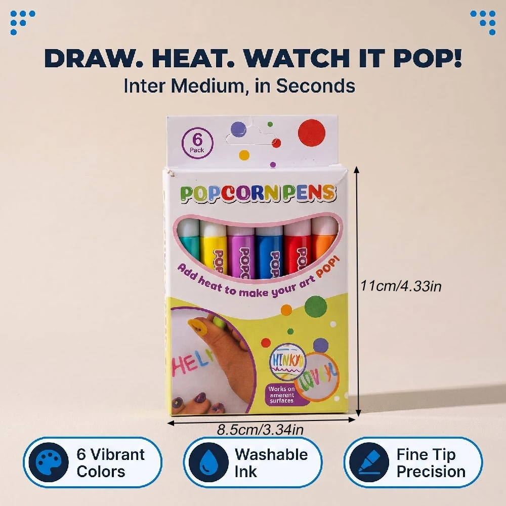 6PCS Popcorn 3D Puffy Art Pens – DIY Bubble Drawing Kit for Kids, 6 Colors Fluffy Magic Ink Expands with Heat, Creative Crafting