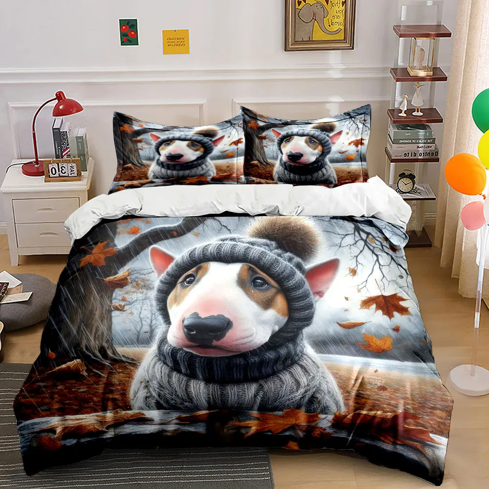 Autumn dog wearing sweater and hat standing in breeze Print Duvet Cover Bedding Set Included 1*Duvet Cover 2*Pillowcases
