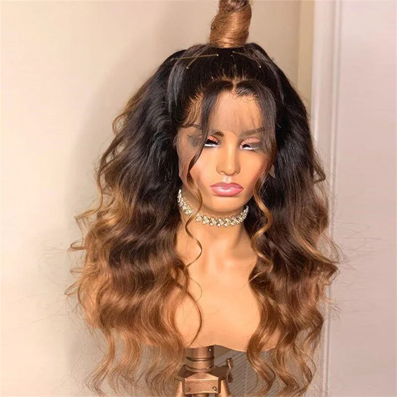 Glueless Soft 26“ Long 180Density Omber Brown Wave Lace Front Wig For Women Deep wave BabyHair Preplucked Heat Resistant Daily