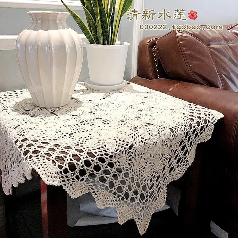 Handmade Crochet Pure Cotton American Retro Hollow Beige Sofa Towel Tablecloth Square Cover Towel
