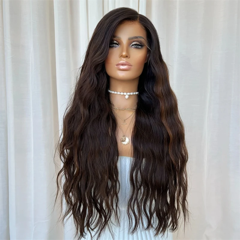 28 Inches Free Part Ombre Brown Highlights Synthetic Lace Front Wig for White Black Women Long Water Wave Wig Blend Human Hair