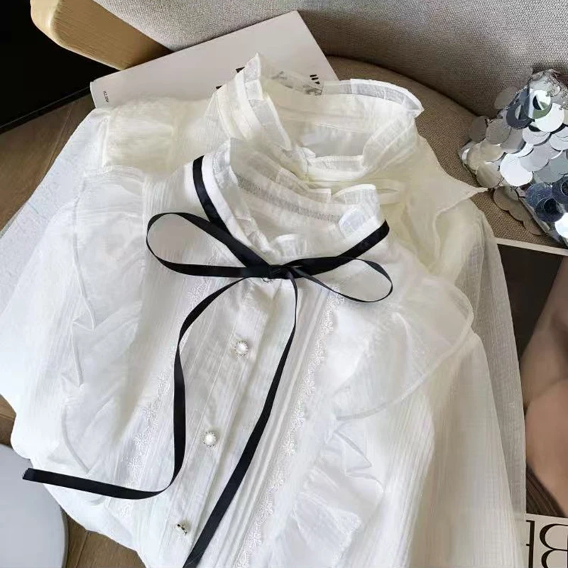 

Ruffled Patchwork Chiffon Shirt Women Spring Elegant Bow Lace Up Long Sleeve Blouse French Chic Office Lady All Match Tops New