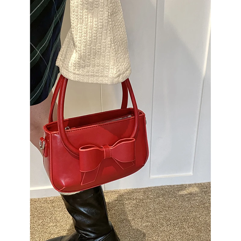 Fashion Bow Design Sense Handbag Casual All-match Red Shoulder Bag Women\'s New High Quality Color Contrast Commute Crossbody Bag