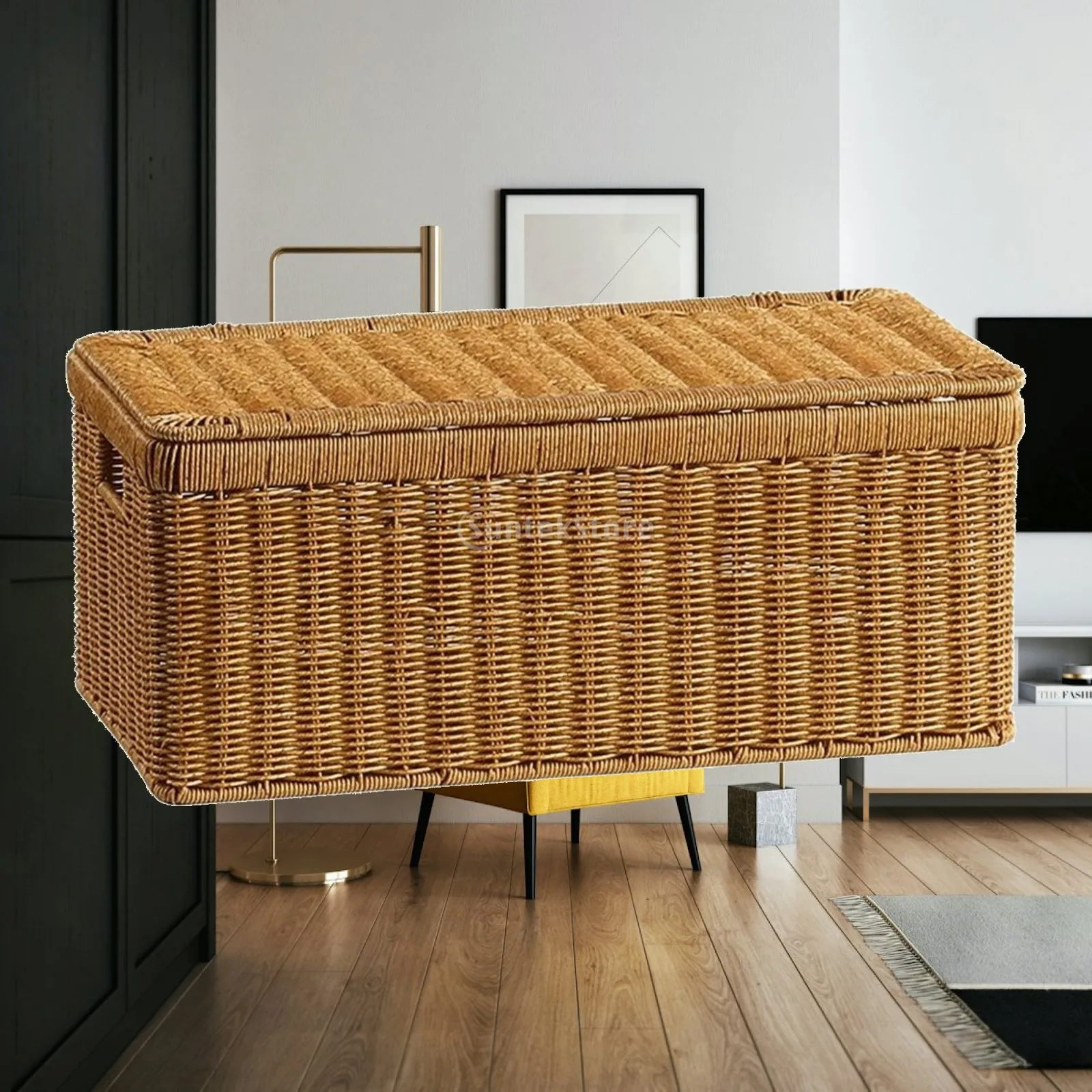 Wicker Storage Basket Box with Lid Large Capacity Organizer for Closet Shelves Wardrobe Home Decor