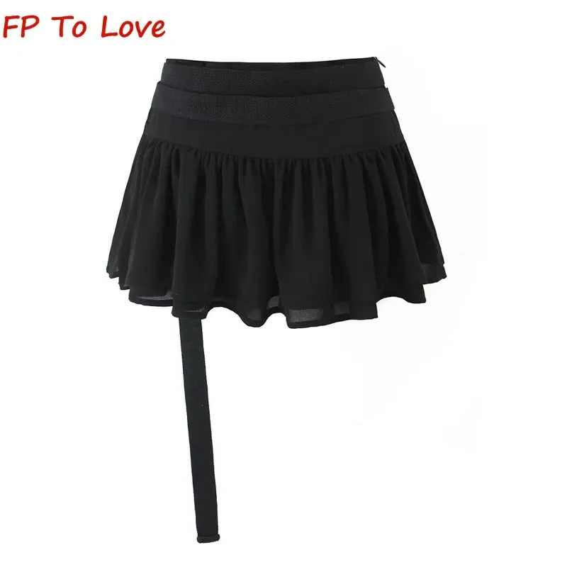 Y2K Spicy Black Belt Trim Slimming Halter Skirt High Waist Grey Sexy Pleated Skirt A-line Anti-Walking Skirt