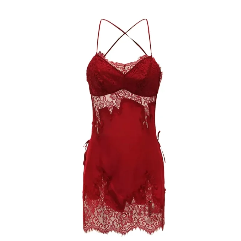 Silk Satin Women Nightgown Side Split V Cut Out Back Babydolls Halter Neck Solid Chemises Sleeveless Dress Female Sexy Lingerie