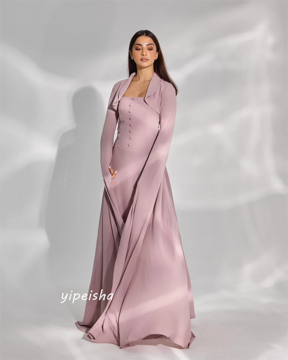 Jiayigong  Satin Draped Button Wedding Party A-line Square Neck Bespoke Occasion Dresses Ankle-Length