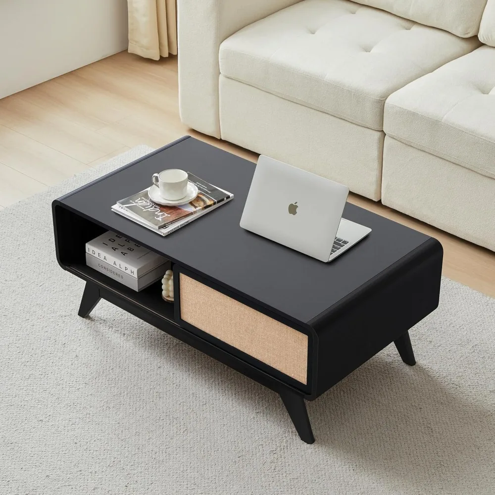 Mid Century Modern Coffee Table with Storage, Curved Edge Wood Coffee Table with Sliding Nature Linen Door, Farmhouse Center Ta