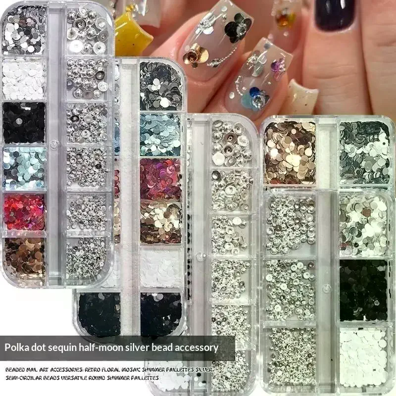 1 Box 6/12 Grids Round Nail Glitter Sparkling Flakes Nail Charms Manicure Decor 3D Spliced Flower Polka Dot Nail Art Sequins