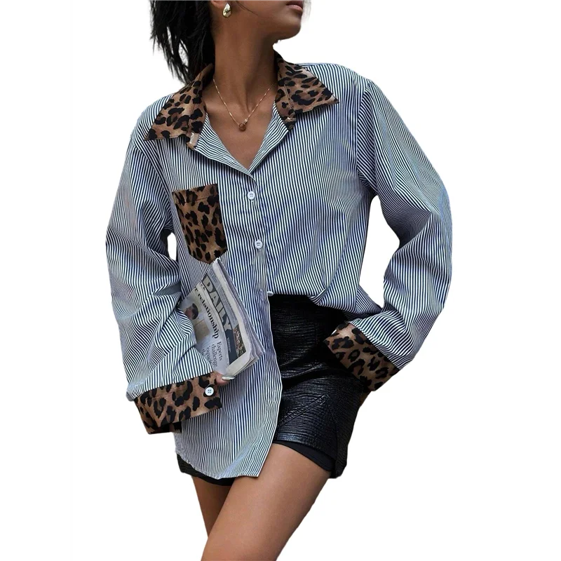 

НОВИНКА-женские полосатые блузки с леопардовым принтом и длинными рукавами, рубашки с воротником на пуговицах гепарда