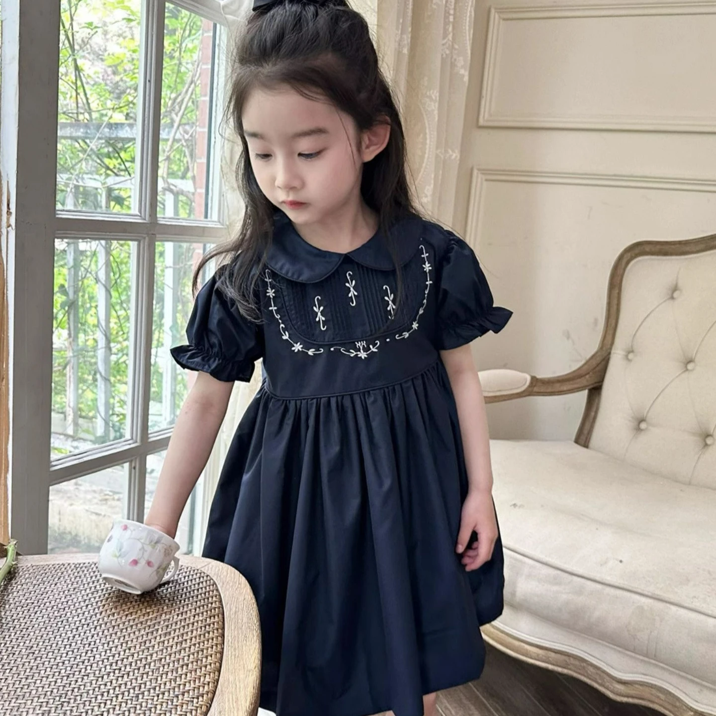 Girl\'s Navy Blue Embroidered Lapel Dress Back Tie 2025 Summer New Item for Baby Girls Retro Style Short Sleeved Princess Dress