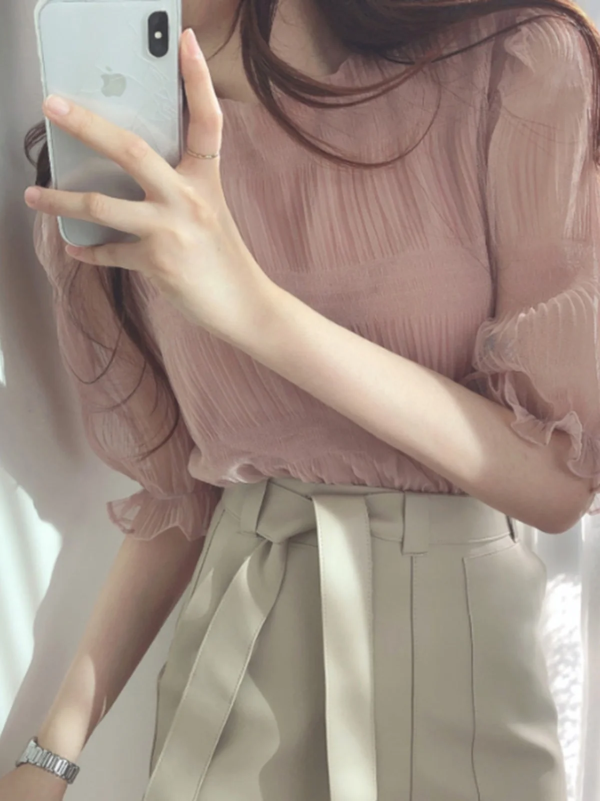 여성을위한 세련된 다목적 경량 시폰 블라우스 여름 합리적인 디자인 Tulle Top 퍼프 슬리브 캐주얼 여성용 블라우스 