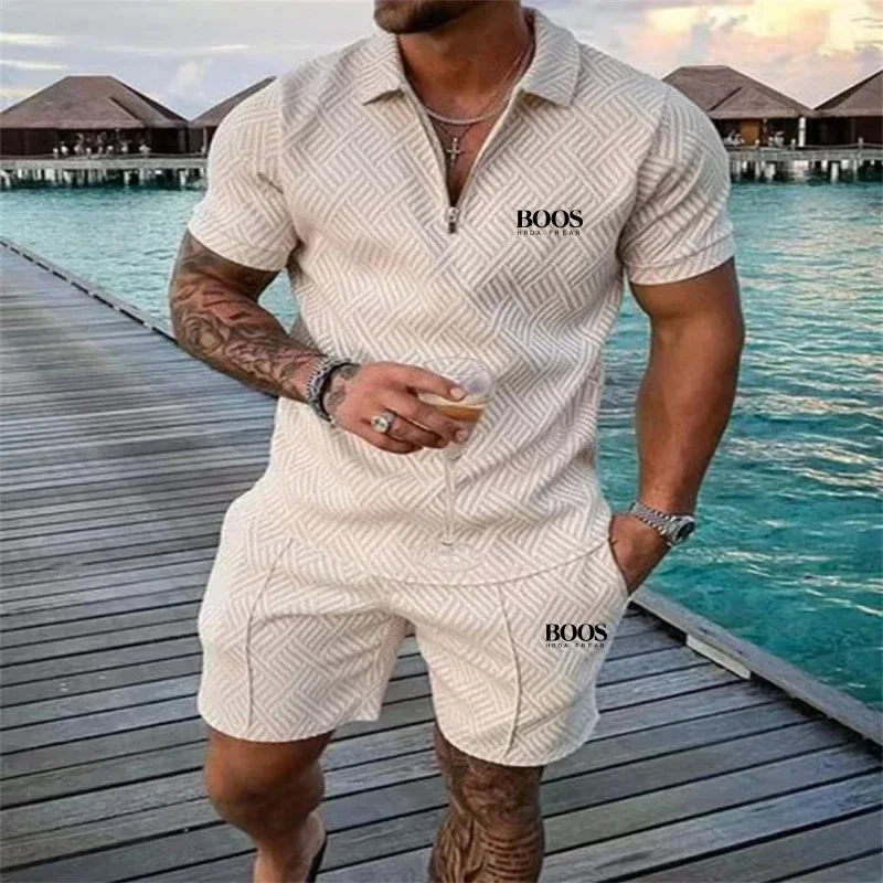 Conjunto de shorts de manga curta com zíper bordado de alta qualidade masculino de verão, novo conjunto de praia multifuncional elegante e casual