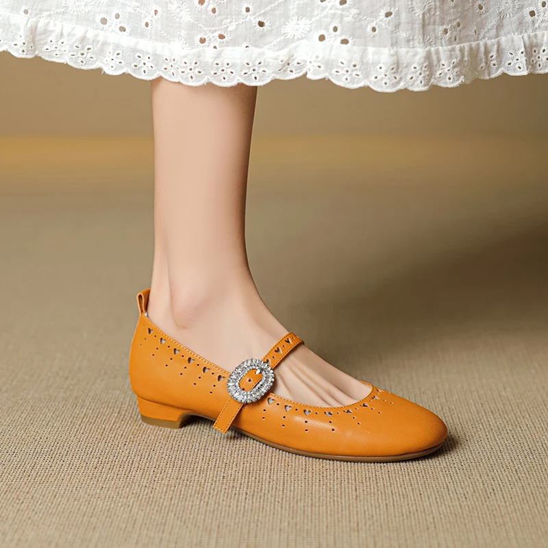 

Genuine Leather Gentle Style Laser Cut Floral Round Toe Flats Soft Sole Shallow Cut Mary Jane Single Strap Shoes for Women