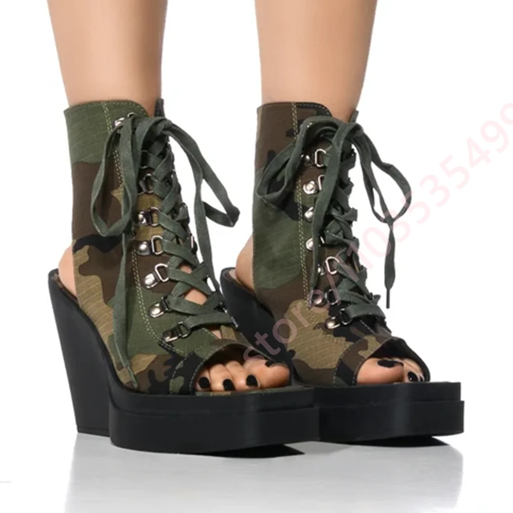 Women Camouflage Platform Sandals Open Toe Lace Up Ankle Boots Cut Out Chunky Heel Sandals Fashion Street Party Summer Shoes