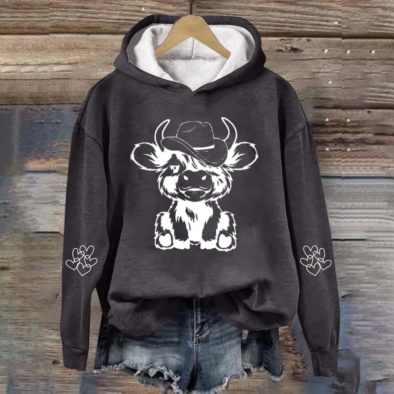 Cow Sweatshirts for Women Cute Cow Sweatshirt for Women Western Cow Print Shirt Country Western Casual Hooded Pullover Pink