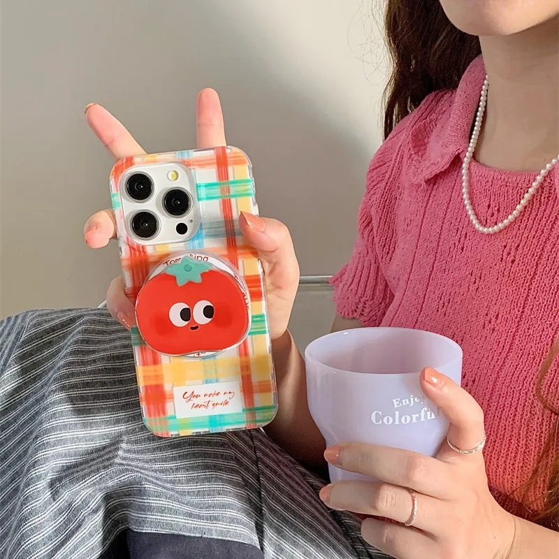 Magnetic painted fun grid phone case with tomato holder For iPhone 11 12 13 14 15 16 17 Pro max