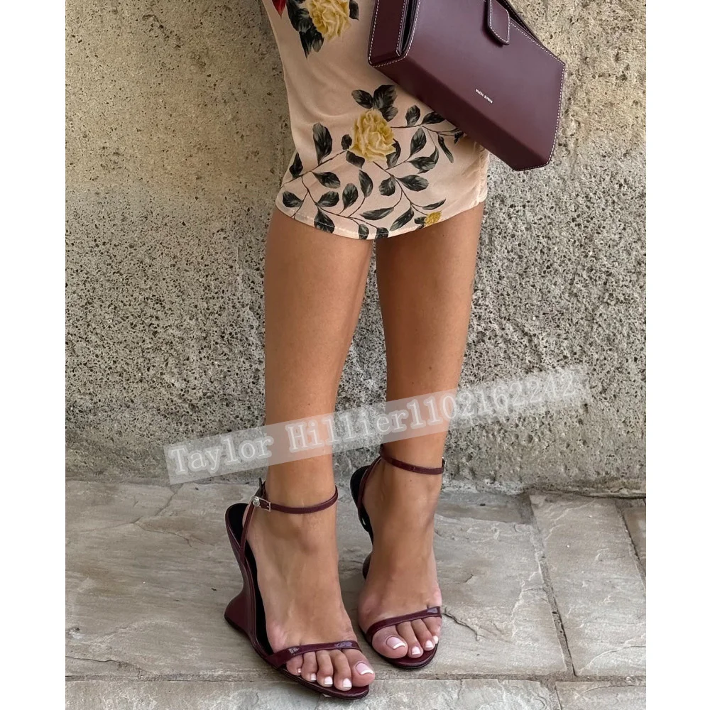Women'S  Red Patent Leather Sculptural Wedge Heel Sandals Ankle Buckle Strap Curved Abstract High Heels Summer Party Footwear 43 view 5