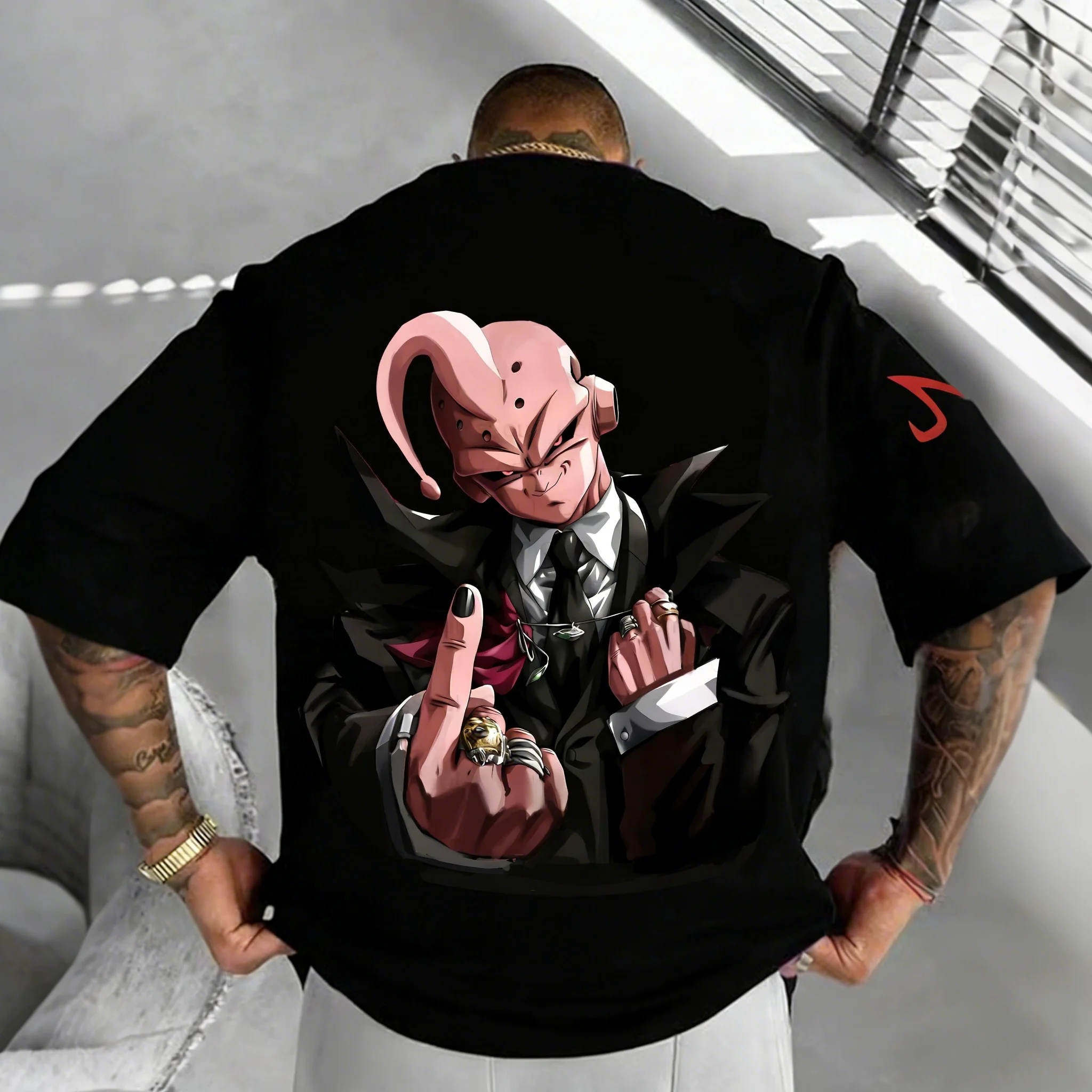 

Dragon Ball Z Majin Buu Gangster Style T-Shirt for Men, 100% Cotton Summer Casual Streetwear, Black Suit Graphic Print