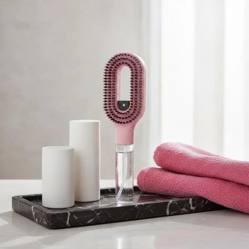 2-in-1 Hair Detangler Spray Brush with Scalp Massager Refillable Bottle for Frizzy Hair Travel Grooming Use