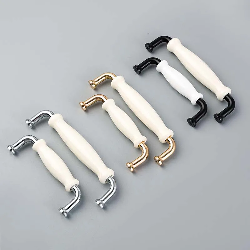 Minimalist Zinc Alloy White Gold Ceramic Handle, European Style Furniture Drawer, Wardrobe, Bright Chrome Handle Cabinet Knobs