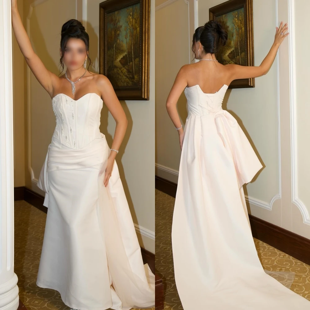 カスタムメイドのシャルムーズプリーツビーズ装飾、オーダーメイドの特別な機会用、スイートハートネック、トランペットロングドレス、女性用エレガントなパーティーウェディングドレス