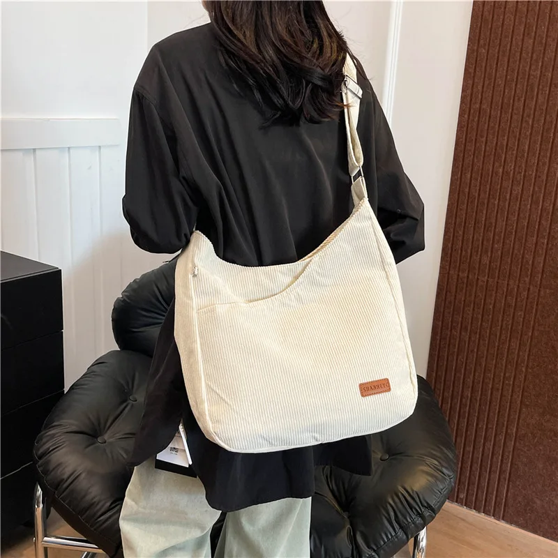 South Korea Autumn and Winter New Pocket Women's Strip Velvet Japanese Fashion Simple Shoulder Bag Messenger  Leisure Bag