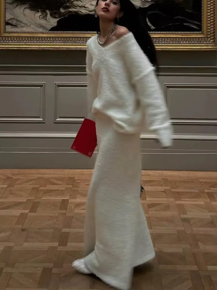 

HH Осенний женский шикарный однотонный вязаный пуловер с длинными рукавами и v-образным вырезом + новый модный свободный элегантный комплект с эластичной резинкой на талии Mujer