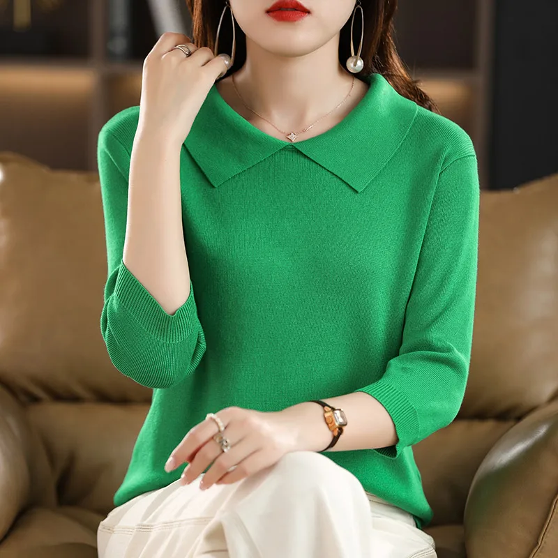 Women's T-shirt Spring/Summer Worsted Doll Collar Knitwear Casual Ladies Tops Loose Blouse Basic Pullover Tees Quarter Sleeve