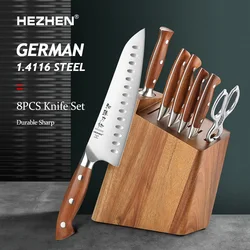 HEZHEN 8PC Kitchen Knife Set Original German Din 1.4116 Steel Kitchen Knives Cooking Tools Redwood Handle Knife Sharpening Set