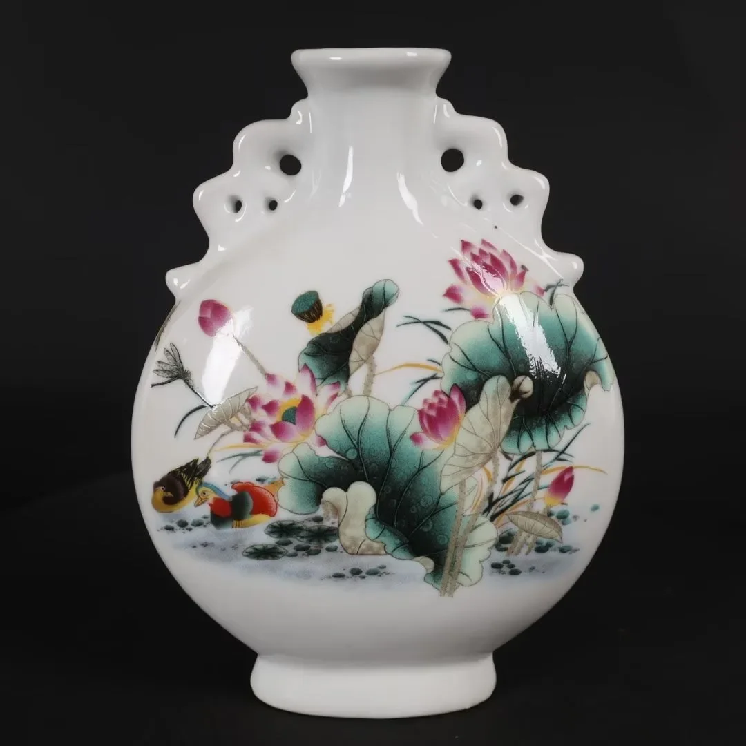 

Chinese Ceramic Vase Ornament Home Office Desk Decoration Accessories Living Room Jingdezhen Lotus Flowers Porcelain Flat Vase