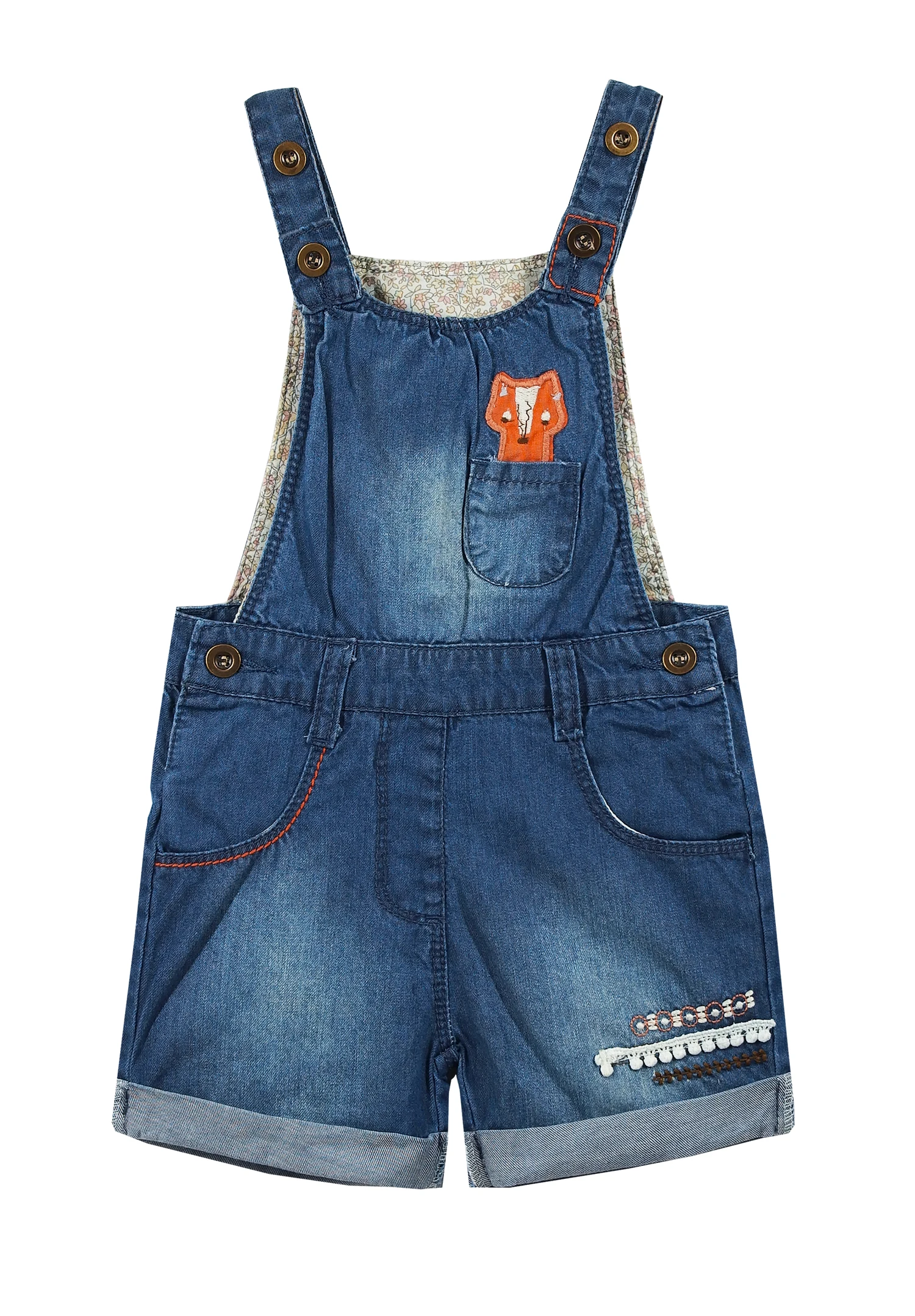 Kidscool Space Baby & Little Girls Fox In Pocket Embroidered Lace Cuffed Bottom Denim Shortalls