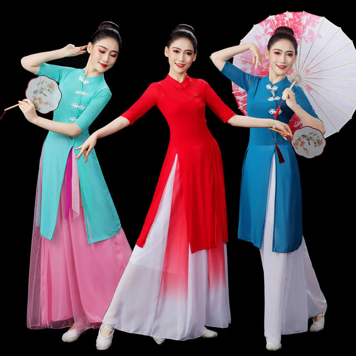 Xianyu Qianxun Classical Dance Square Dance Costume Mid length Qipao Odai Three piece Set Walking Show Ethnic Style Watch Perfor