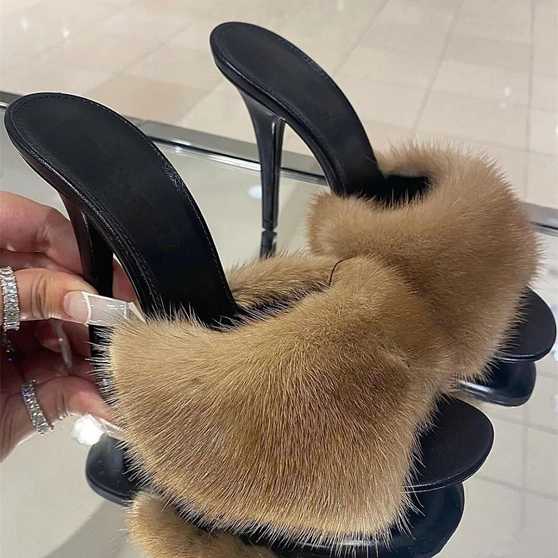 

Spring and summer new mink hair sexy open toe fish mouth fashion slippers banquet dress versatile stiletto sandals women