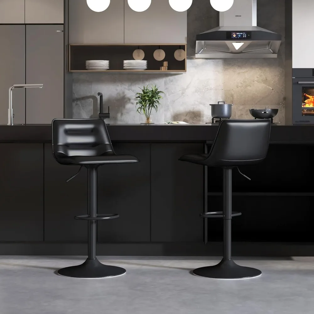 Conjunto de 2 bancos de bar ajustáveis Living, bancos de bar modernos de couro PU giratórios com altura de balcão e encosto, airlift curvo sem braços