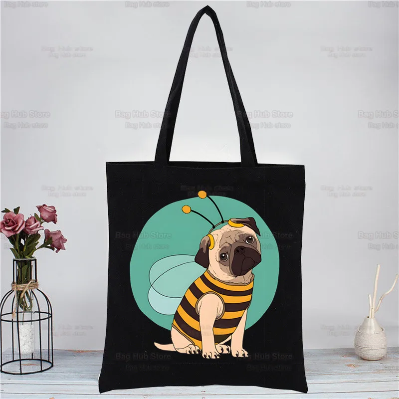 Pug Dog Harajuku Canvas Women's College Ulzzang Black Large Animal Pet Cartoon Capacity Casual Fashion Shoulder Bags