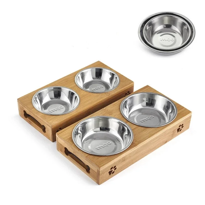 Pet Dog Cat Bowl Bamboo Wooden Table Into A Kitten Skid Resistant Double Bowl Small Dog Food Bowl