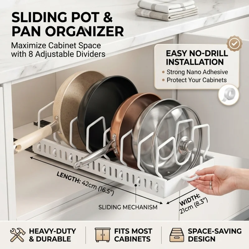 Organizador de cocina extraíble debajo del gabinete, bandeja deslizante para almacenamiento de ollas y sartenes con 8 divisores ajustables para tapas de utensilios de cocina.