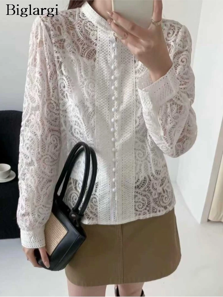 

Spring Summer New Fashion Lace Blouse Shirt Women Korean Office Shirts Hollow Out Ladies Tops Elegant Long Sleeve Woman Shirt