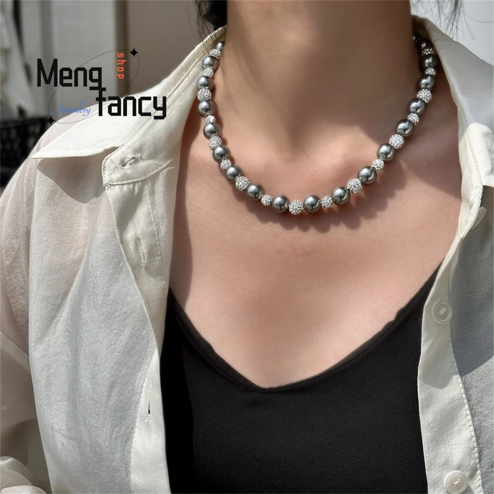 Grey Pearl Necklace, Versatile For Women, High-End Design, Necklace, Crystal Diamond, Autumn And Winter Sweater Chain, Beaded