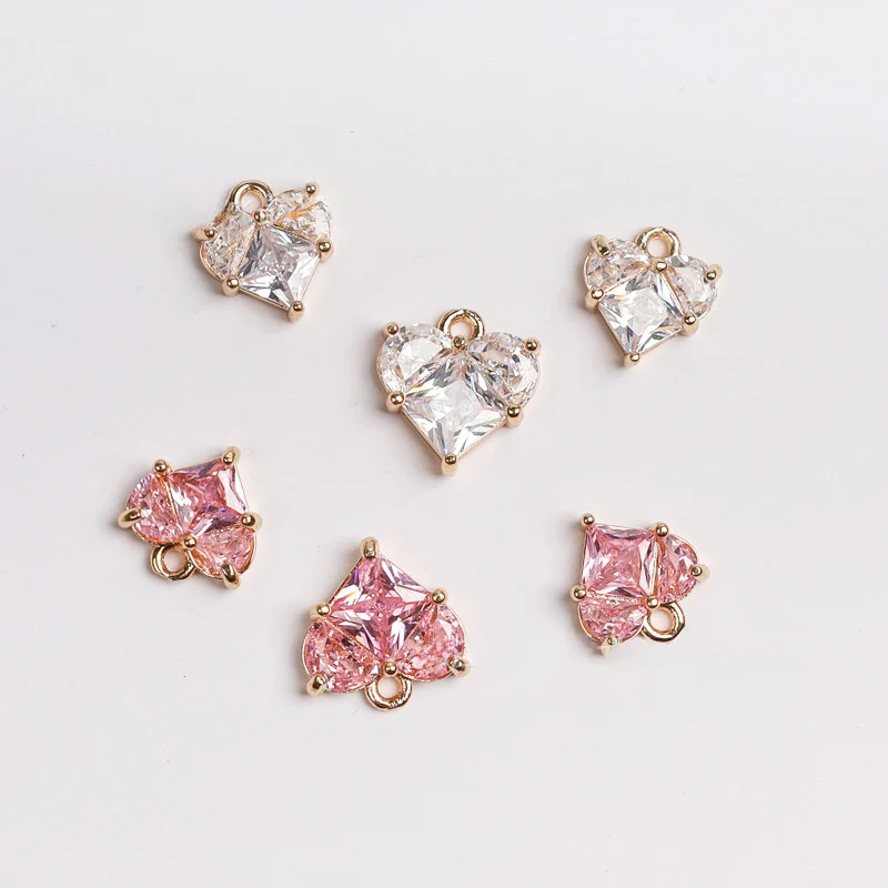 12X13Mm Berlapis Emas Merah Muda CZ Batu Liontin Hati Tas Desainer Anting Gelang Jimat untuk Membuat Perhiasan