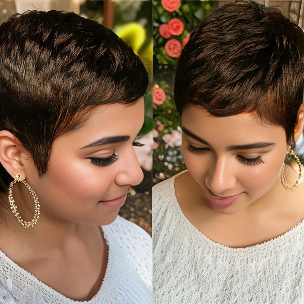 픽시 컷 스트레이트 가발 여성용 100% 인모 머신 메이드 천연 헤어라인