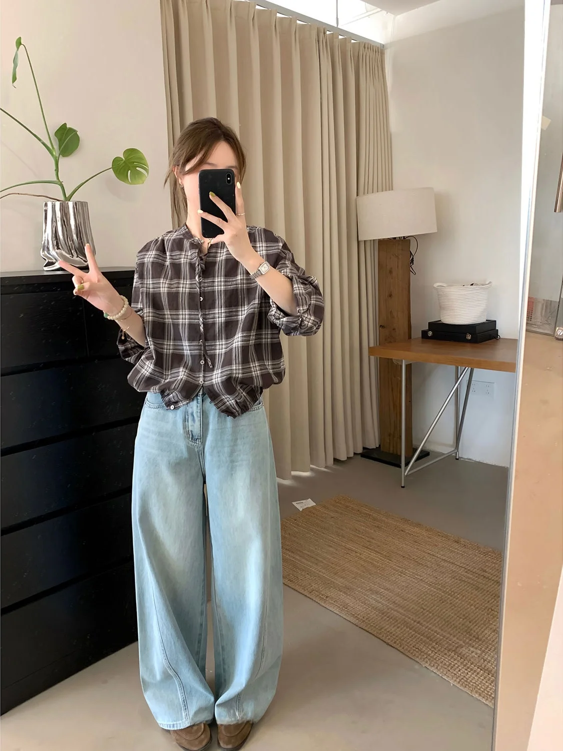 

Spring Fashion Korean Style Women's Loose Fit Shirt Chic Versatile Plaid Bow round Neck Long Sleeve Breathable Cotton Shirt